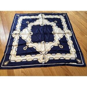 Vtg 32” MUST DE CARTIER WOMEN'S 100% SILK SCARF-ELEGANT BLACK-WHITE-GOLD LOGO-EX